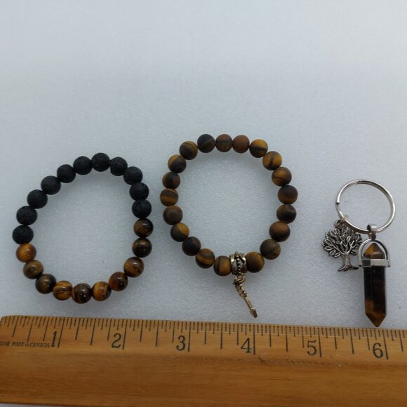 Tigers Eye & Lava Gemstone Stretch Bracelet & Key Chain Matte & Gloss Finish - Picture 7 of 7
